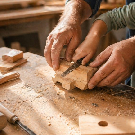 Kind und Erwachsener arbeiten gemeinsam mit Holz im Werkkurs für Kinder in Köln