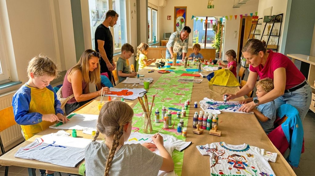 Kinder und erwachsene Begleitpersonen gestalten gemeinsam T-Shirts im Familien-Kreativkurs in Köln