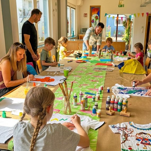Kinder und erwachsene Begleitpersonen gestalten gemeinsam T-Shirts im Familien-Kreativkurs in Köln