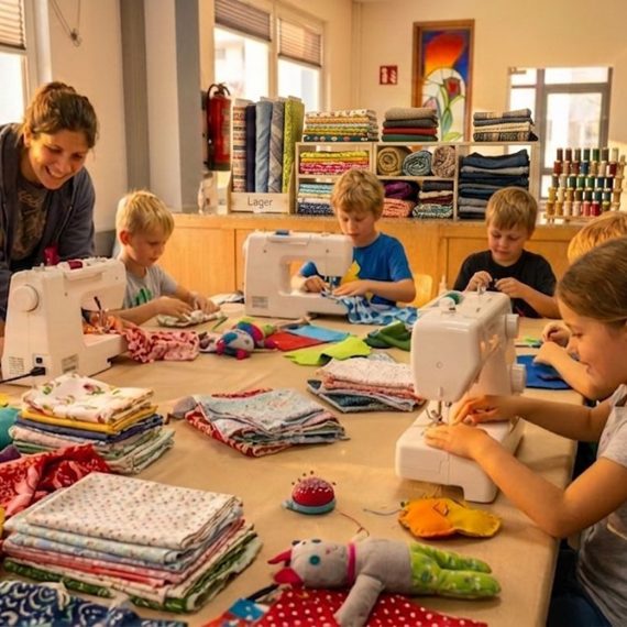 Kinder nähen gemeinsam an Nähmaschinen im Sommerferienkurs Nähführerschein der Kölner Kinderwerkstatt in Köln.