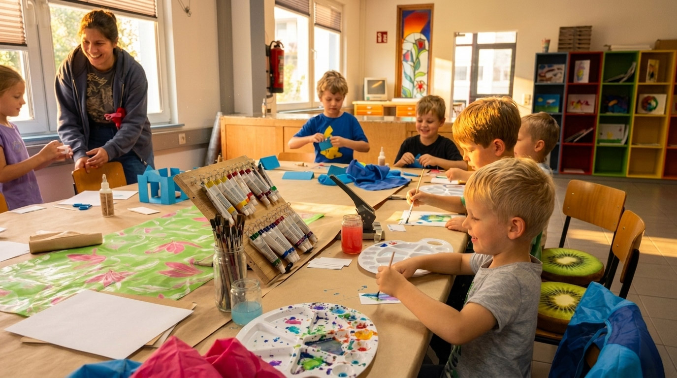 Kinder gestalten und malen gemeinsam im Sommerferienkurs der Kölner Kinderwerkstatt in Köln.