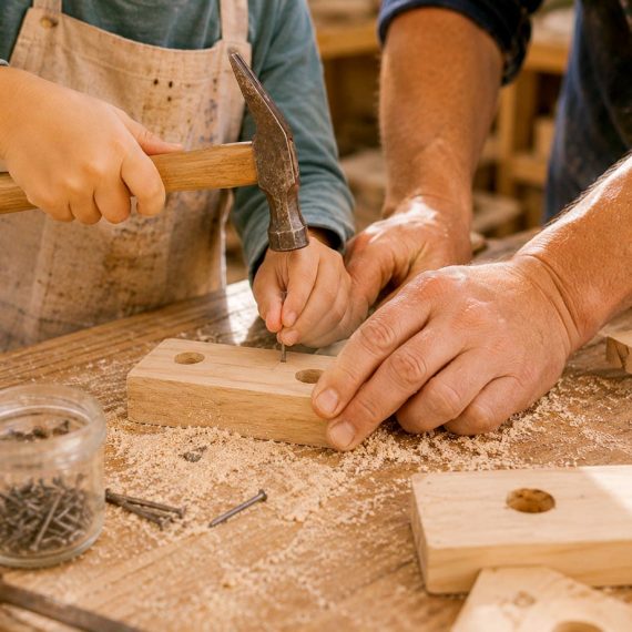 Kind schlägt mit Unterstützung einer erwachsenen Begleitperson einen Nagel in Holz im Familienkurs Werken in Köln.