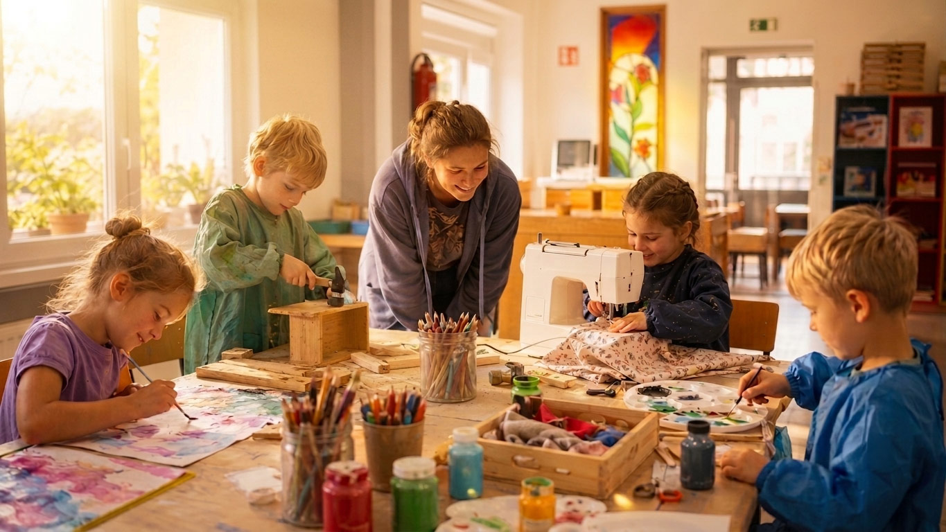 Kinder malen, werken und nähen gemeinsam mit einer Kursleiterin in einem Kreativkurs der Kölner Kinderwerkstatt in Köln