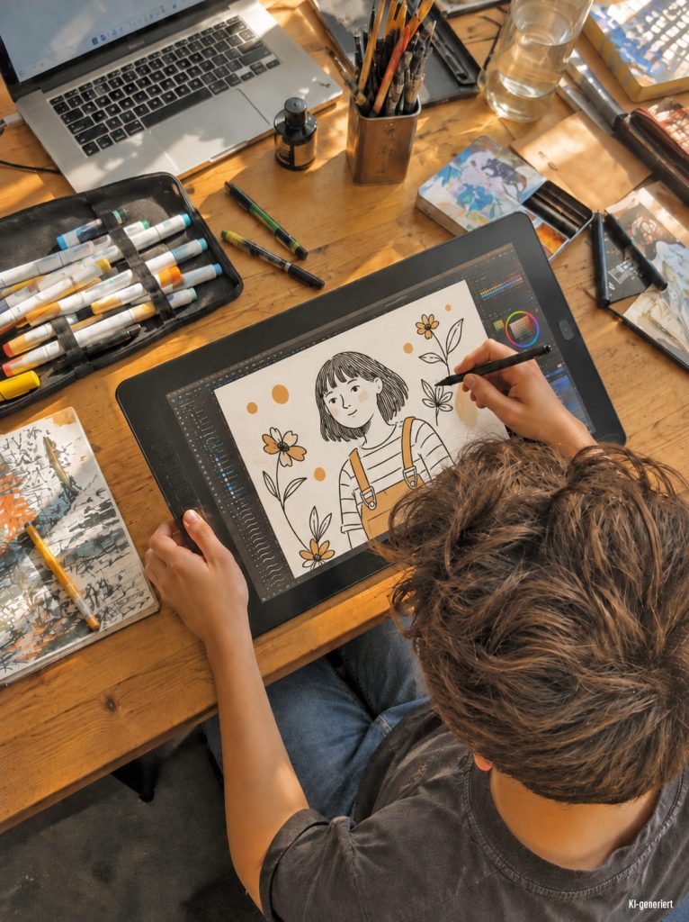 Jugendlicher gestaltet eine digitale Illustration auf einem Zeichentablet im Jugendstudium Kunst & Design der Kölner Kinderwerkstatt in Köln