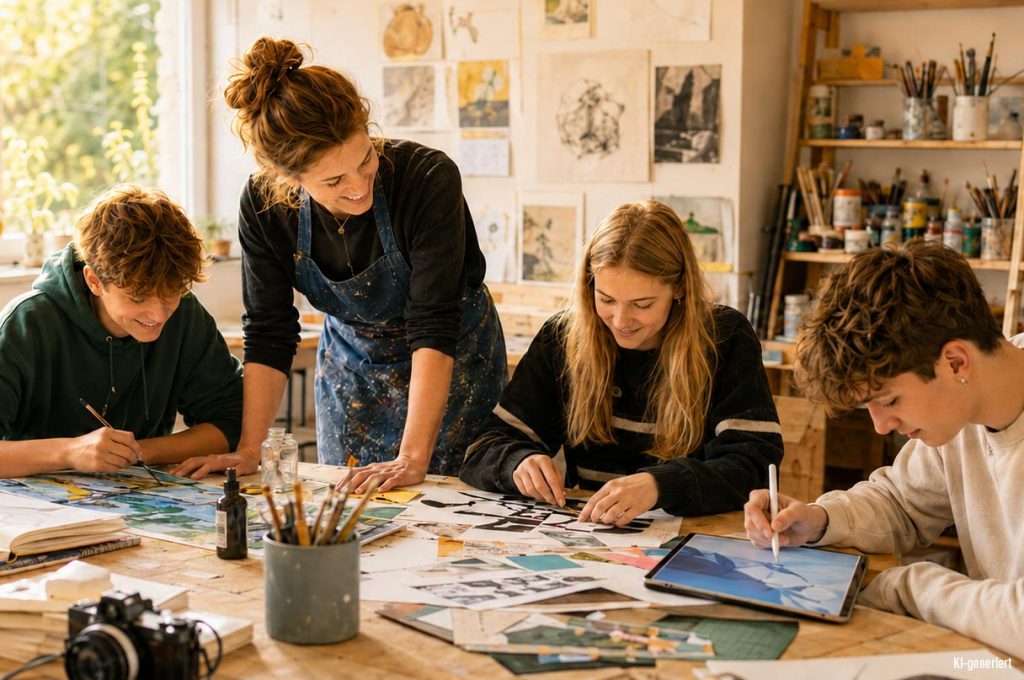 Jugendliche arbeiten gemeinsam mit einer Kursleiterin an Kunst- und Designprojekten im Jugendstudium der Kölner Kinderwerkstatt in Köln