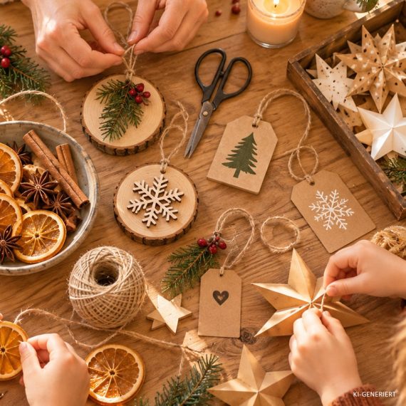 Kinder und Erwachsene basteln gemeinsam Weihnachtsschmuck mit Holz, Papier, Tannengrün und getrockneten Orangenscheiben.