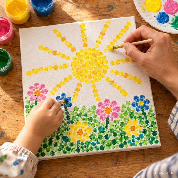 Kind und Begleitperson gestalten gemeinsam ein buntes Acrylbild mit Punktmalerei im Familienkurs der Kölner Kinderwerkstatt in Köln