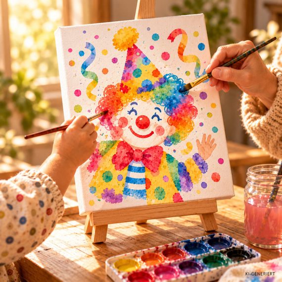 Kind und Begleitperson malen gemeinsam ein buntes Karnevalsbild mit Aquarellfarben im Familienkurs der Kölner Kinderwerkstatt in Köln