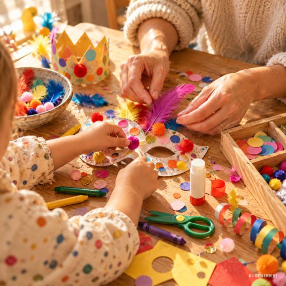 Kind und Begleitperson basteln gemeinsam eine bunte Karnevalsmaske im Familienkurs der Kölner Kinderwerkstatt in Köln