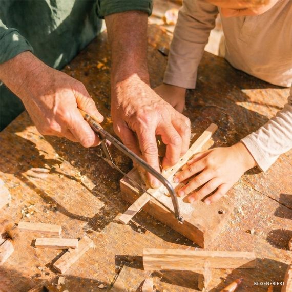 Kind und Begleitperson sägen gemeinsam mit einer Laubsäge an einem Holzprojekt im Familienkurs der Kölner Kinderwerkstatt in Köln