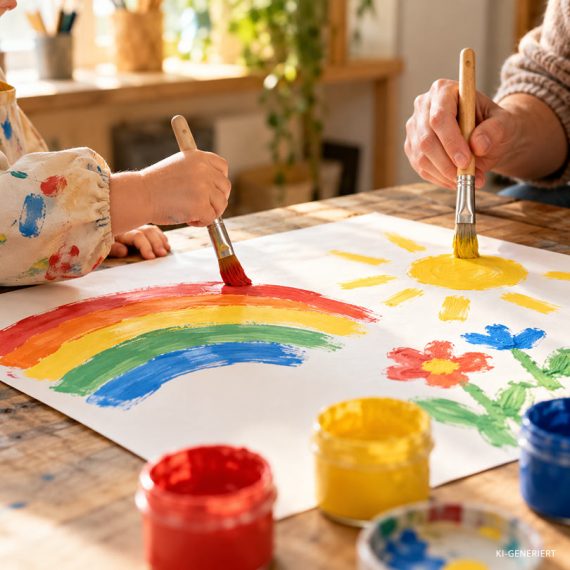 Kleinkind malt gemeinsam mit einer Begleitperson Regenbogen und Sonne im Familienkurs der Kölner Kinderwerkstatt in Köln