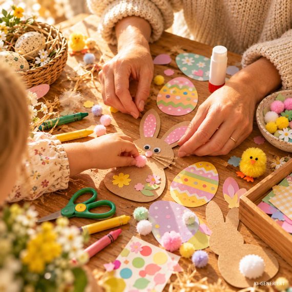 Kind und Begleitperson basteln gemeinsam bunte Osterhasen und Ostereier im Familienkurs der Kölner Kinderwerkstatt in Köln